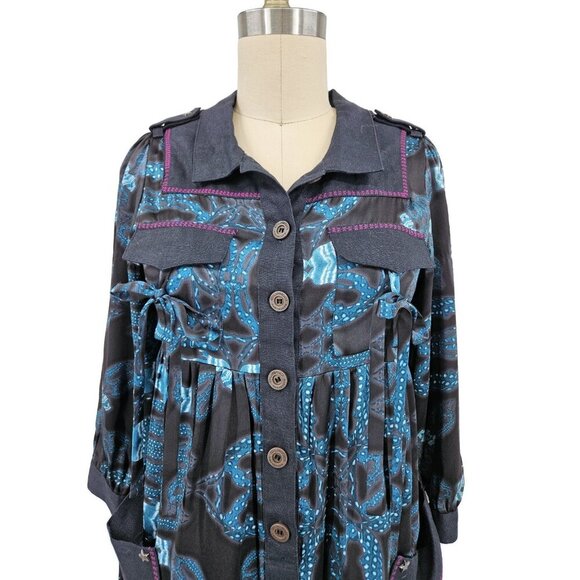 Custo Barcelona Silk Mini Dress Womens XS/S? Linen Collar Blue Black Long Sleeve - Picture 2 of 7